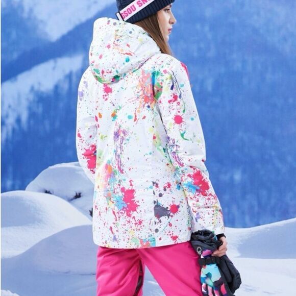 GSOU Snow 10K Waterproof Ski Snowboard Jacket White Paint Splatter Size Large - Picture 5 of 15